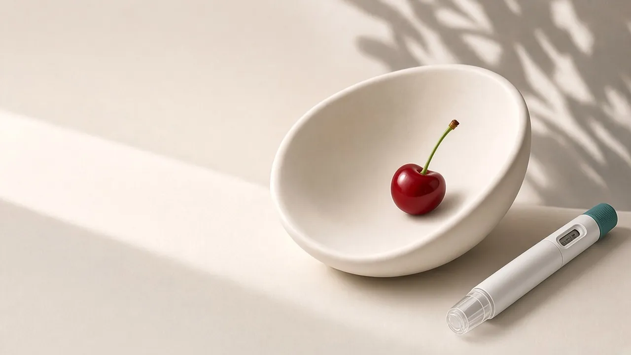 A single cherry in an empty white bowl beside a weight-loss injection pen, on a cream surface in soft daylight